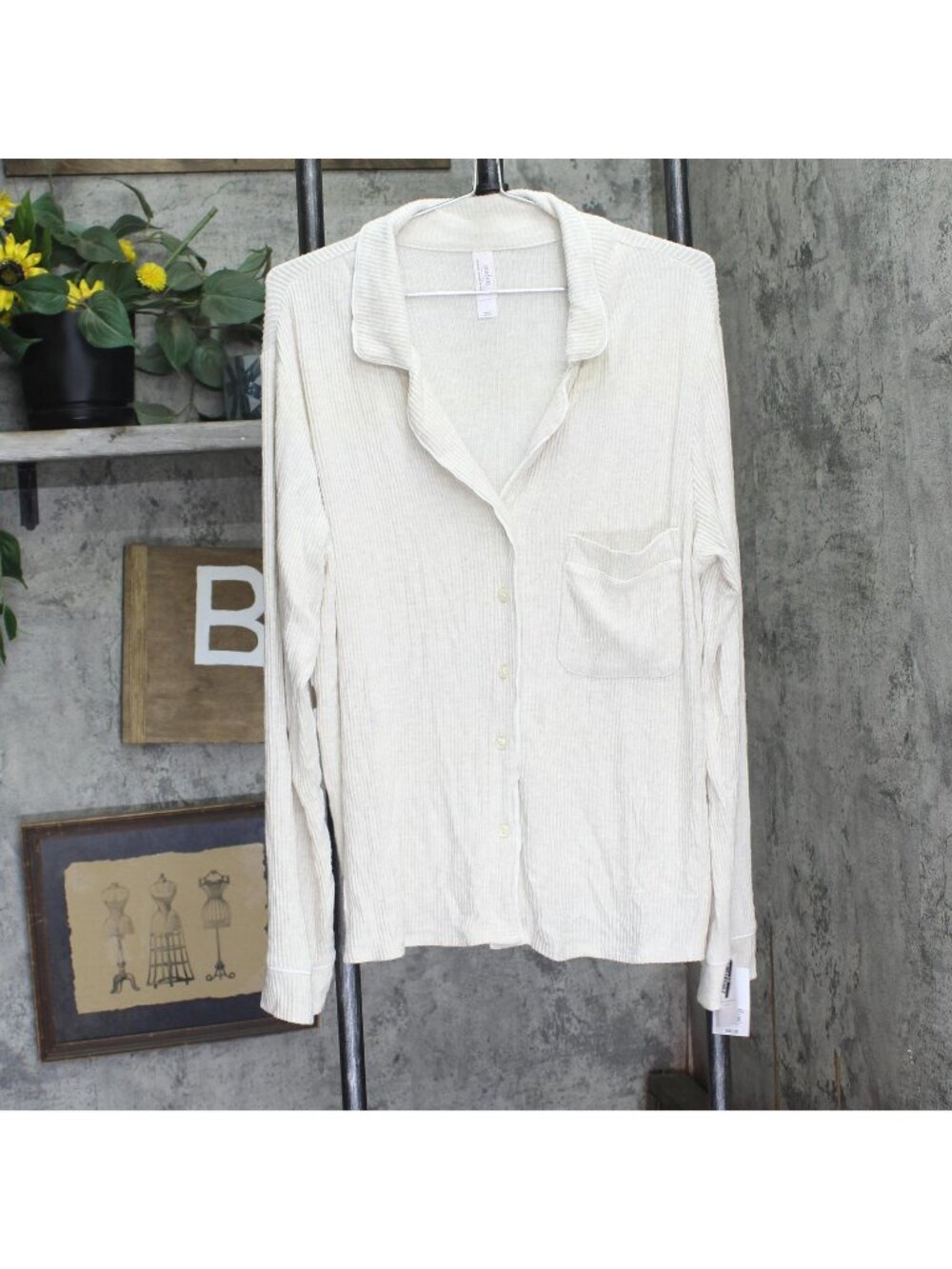 Auden Cozy Ribbed Notch Collar Long Sleeve Shirt Pajama Oatmeal Off White L